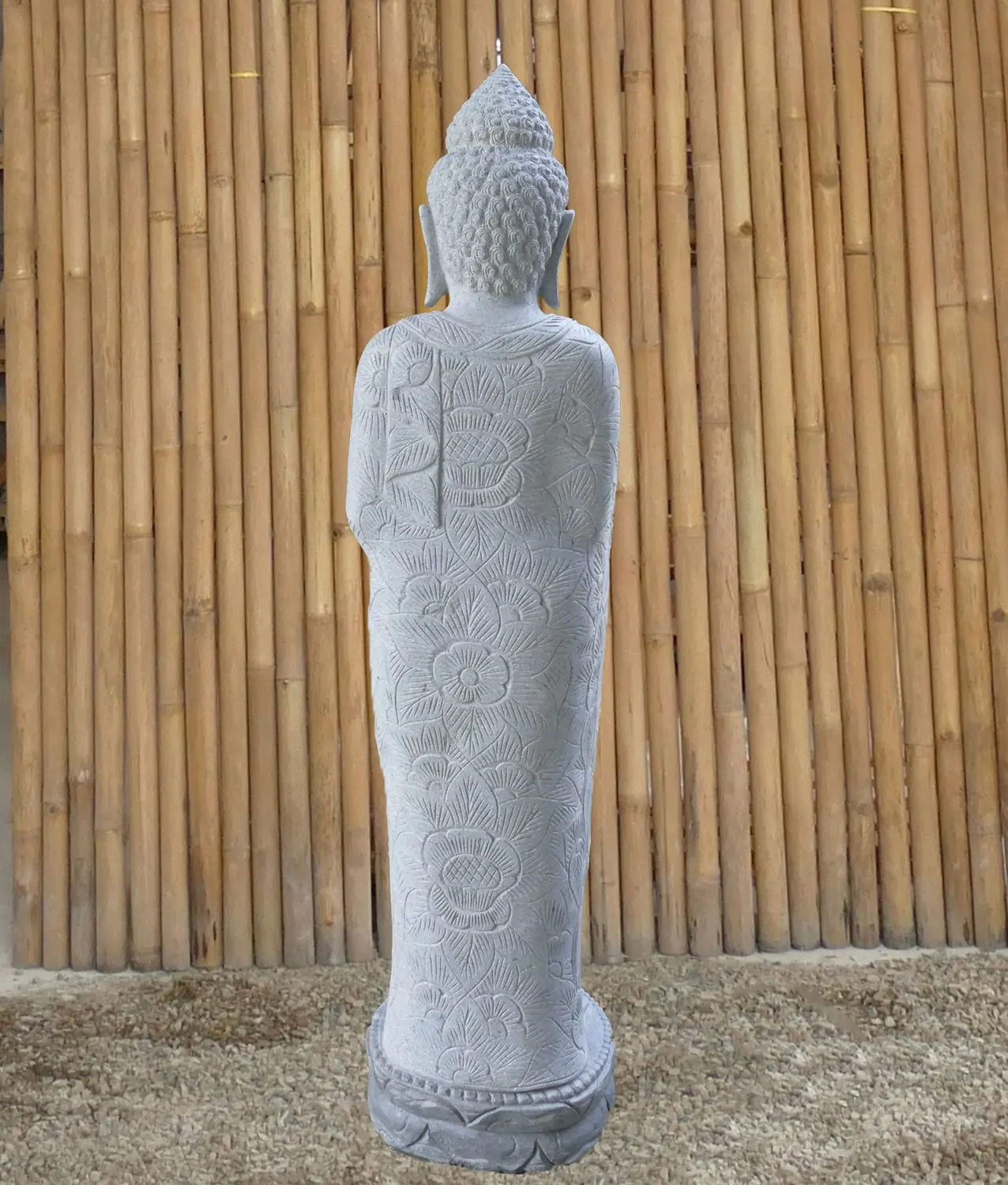  Product image 5 of the product “Standing Buddha with floral carving, Abudaya position. 38 x 30 x 150cm. Natural stone (river stone), stonemasonry ”